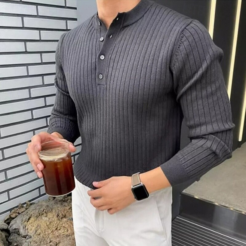 Men's Sweater Pullover Sweater Jumper Ribbed Knit Regular Tops Knitted Slim Fit Plain Henley Knitwear Contemporary Casual Daily Wear Clothing Apparel Fall Black White M L XL3
