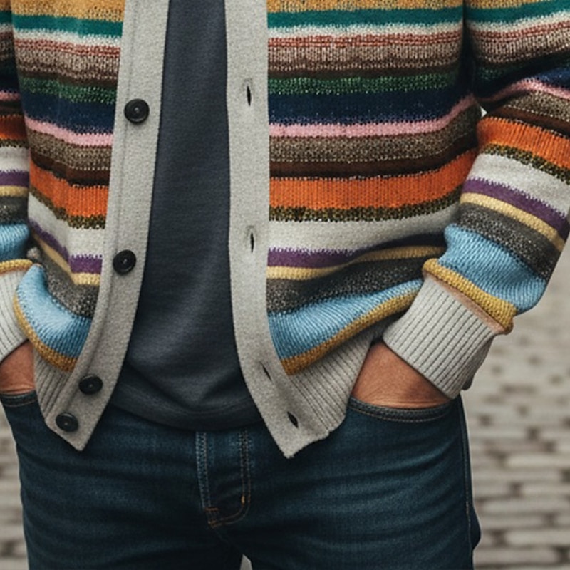 Christmas Men's Horizontal Stripes Sweater Cardigan Sweater V Neck Retro Vintage Casual Outdoor Home Party Buckle Long Sleeve Fall Winter Multicolor3