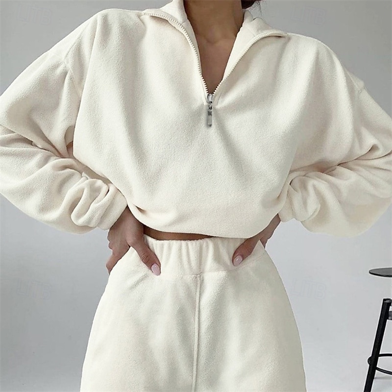 Women's Fashion Streetwear Pants Sets Bolero Top Sweatshirt Long Sleeve Stand Collar Solid Color Zipper Outdoor Work Casual White Spring Loose Fit