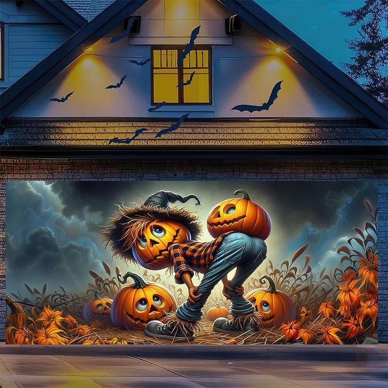 Halloween Garage Door Cover Scary Scarecrow with Pumpkins Haunted Field Banner, Creepy Horror Scene Backdrop Tapestry for Outdoor Wall Fence Yard Decoration Halloween Party3