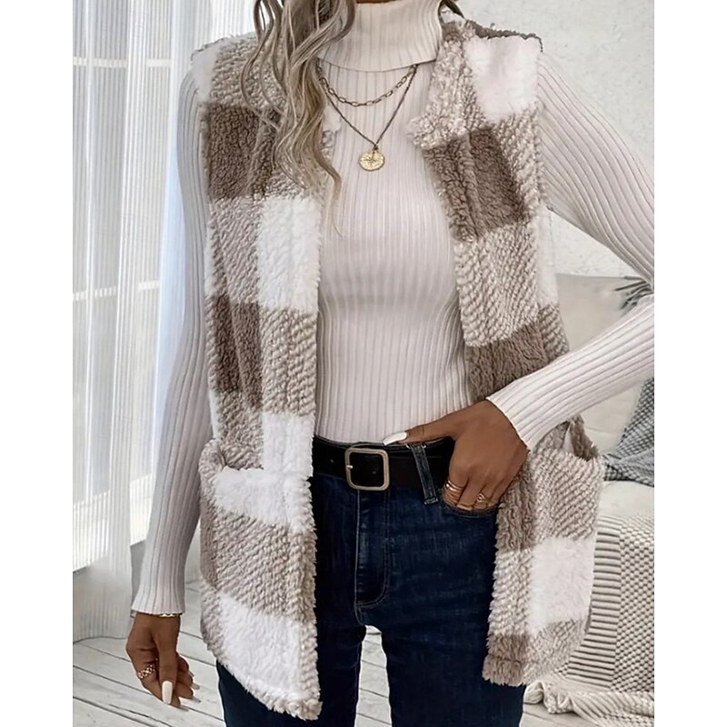 Women's Vest Shearling Vest Comfortable Pocket Buttons Casual Plaid Vacation Daily Wear Going out Weekend Regular Crewneck Regular Fit Sleeveless Outerwear Black Khaki Light Grey Fall Winter