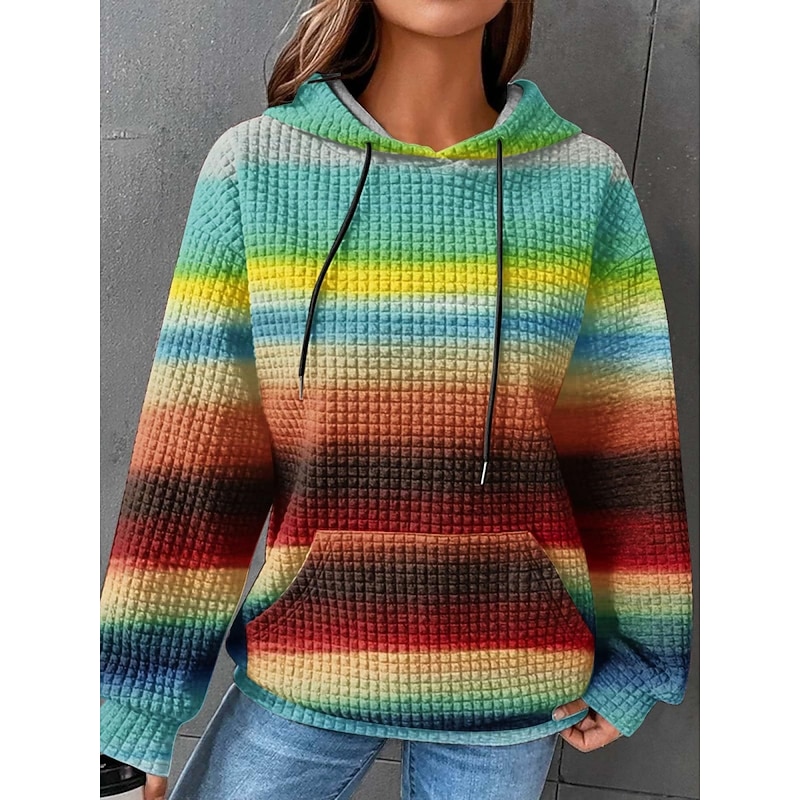 Women's Pullover Hoodie Sweatshirt Striped Casual Long Sleeve Hooded Regular Tops Street Dailywear Pocket Print Blue Purple Orange Green Fall Winter3