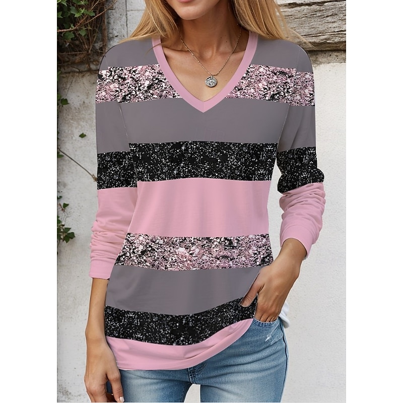 Women's T Shirt Ombre Graphic Geometric Vintage Stylish Classic Long Sleeve V Neck Regular Tops Daily Print Pink Purple Green Spring Fall Winter3