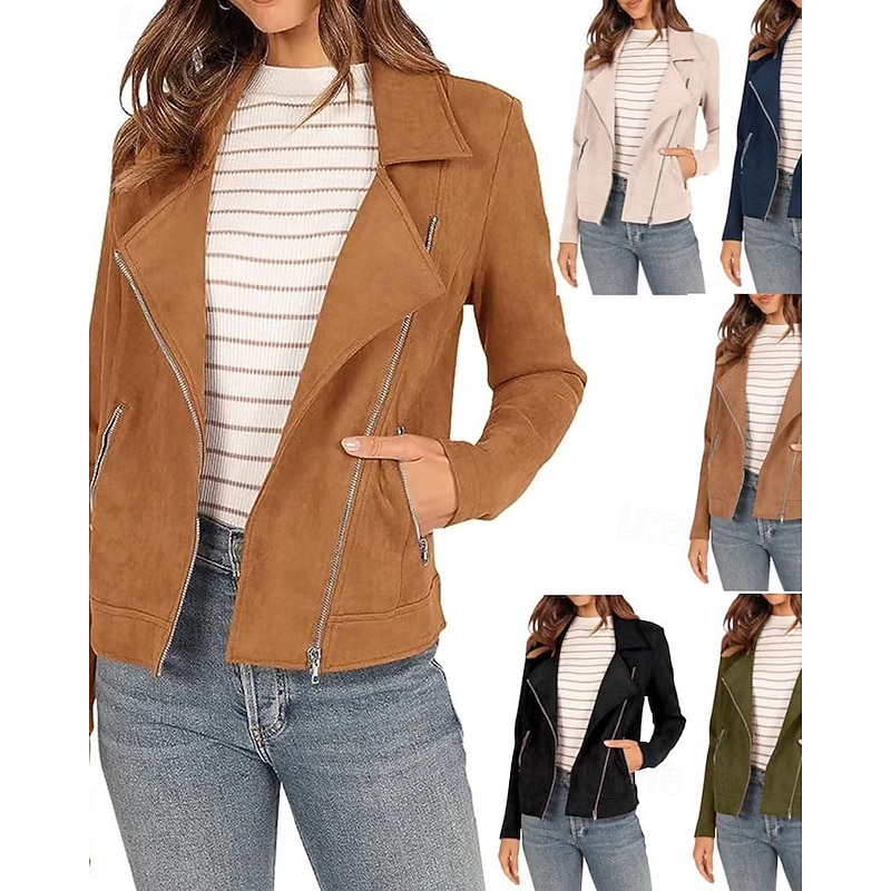 Women's Faux Leather Jacket Warm Comfortable Zipper Pocket Fashion Casual Plain Vacation Street Casual Daily Wear Short Turndown Regular Fit Long Sleeve Outerwear Black Navy Blue Camel Fall Winter