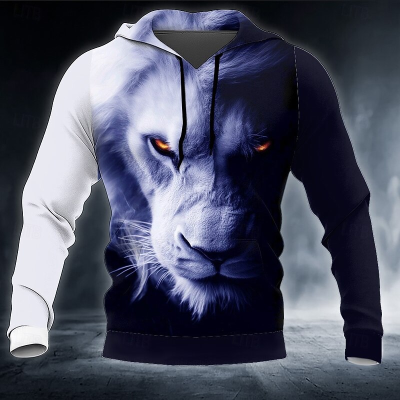 Men's Lion 3D Hoodie Sweatshirt Cool Party Crew Neck Club Streetwear White Red Drawstring Fall Winter Designer2