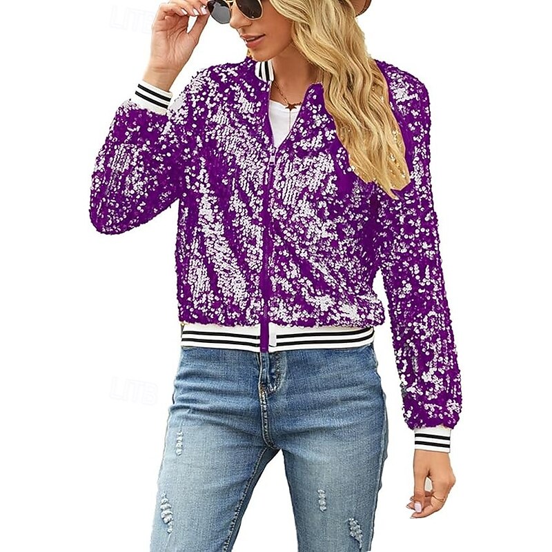 Women's Bomber Jacket Jacket Varsity Jacket Wedding Party Sport Spring Fall Regular Coat Regular Fit Windproof Warm Elegant Active Casual Jacket Long Sleeve Solid Color Sequin Sequins Blue Purple Gold4