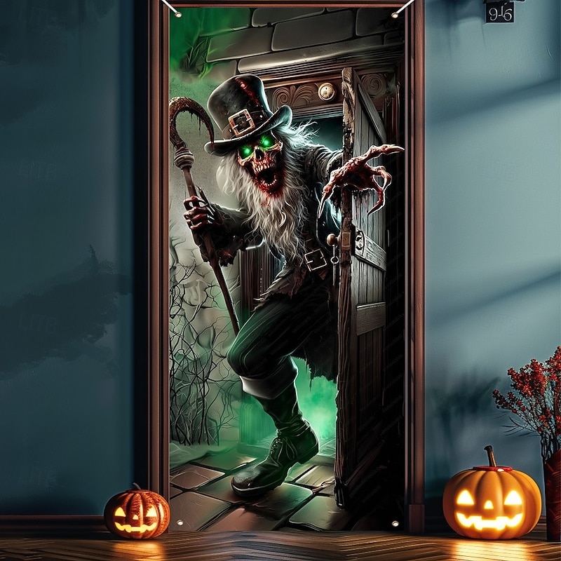 Halloween Door Covers Creepy Skull with Scythe Emerging from Broken Old Door and Dead Trees Tapestry Curtain, Haunted Horror Backdrop Banner for Front Door Indoor Outdoor Decor
