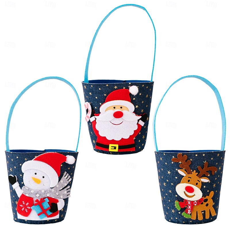 3pcs Christmas Denim Gift Bags, Creative Cartoon Tote Bags for Kids & Adults, Holiday Candy Bags and Handheld Party Favor Bags2