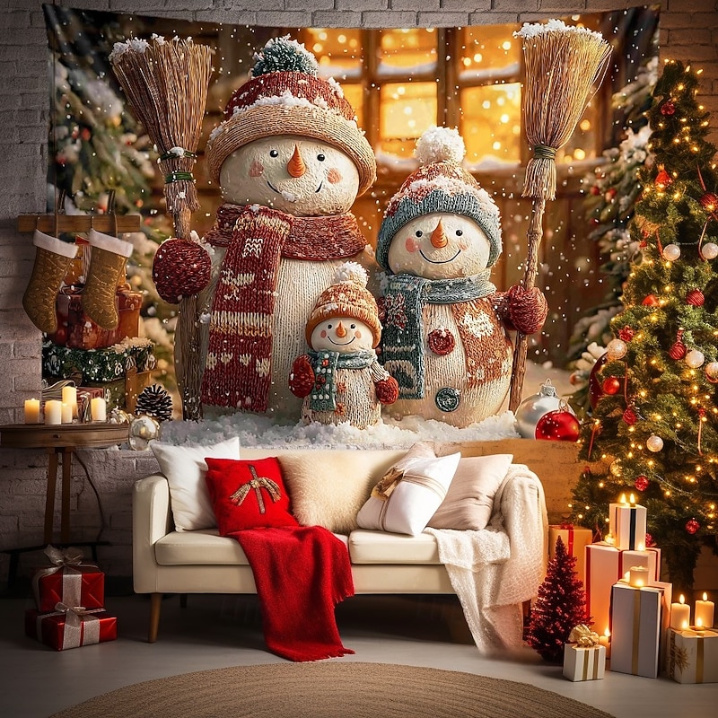 Christmas Wall Tapestry Backdrop, Group of Cute Snowmen with Christmas Tree and Gifts, 2025 Xmas Winter Wonderland Holiday Wall Hanging for Home Party3