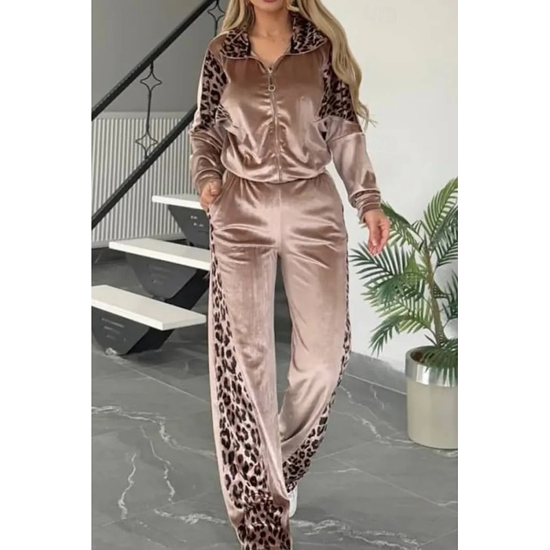 Women's Fashion Streetwear Pants Sets Bolero Top Long Sleeve Shirt Collar Solid Color Zipper Outdoor Work Casual Black Khaki Gray Fall Regular Fit