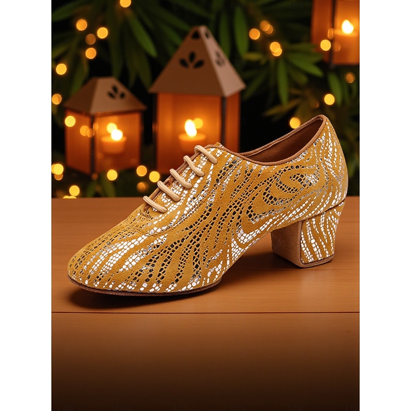 Women's Professional Latin Dance Shoes with Block Heel Glitter Pattern Lace-Up Design for Ballroom Dancing and Party Events2