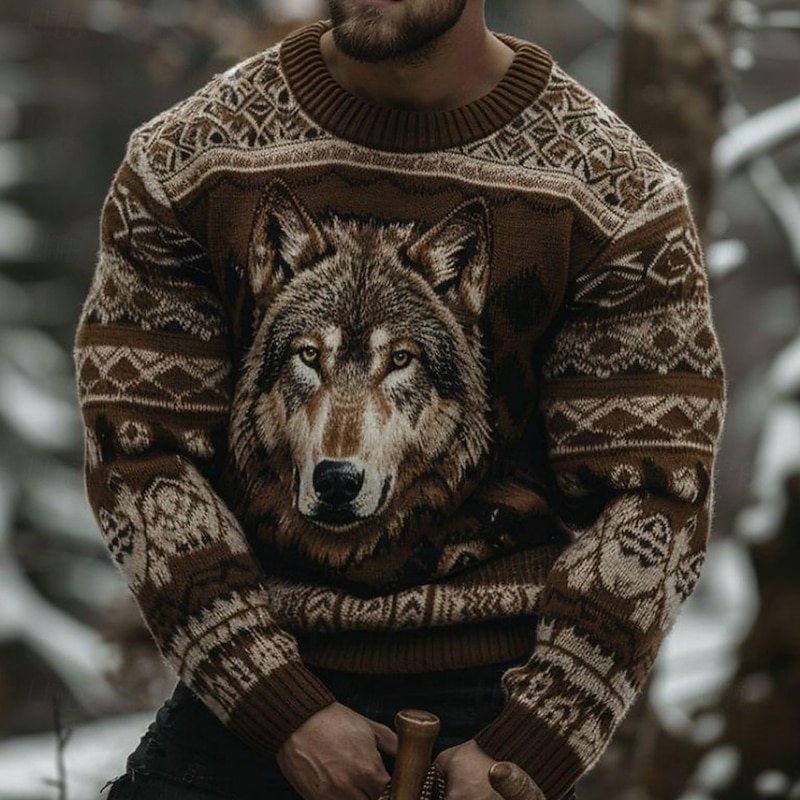 Men's Animal Wolf Pullover Sweater Jumper Fair Isle Sweater Knitwear Crewneck Casual Vacation Daily 3D Print Keep Warm Long Sleeve Spring Fall Winter Brown