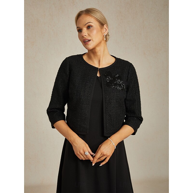 Women's Jacket Trench Coat Warm Beaded Elegant Formal Party Wedding Guest Work Short Crewneck Regular Fit Long Sleeve Outerwear Black Spring Fall