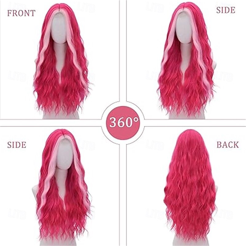 Hot Pink Wig-Long pink Wigs for Women Natural Wavy Synthetic Wig Heat Resistant Fiber Wigs for Daily Party Halloween Cosplay