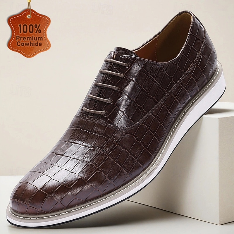 Men's Brown Crocodile Pattern Dress Shoes – Genuine Leather Lace-Up Oxfords, Luxury Formal Business Shoes for Weddings, Banquets and Evening Parties