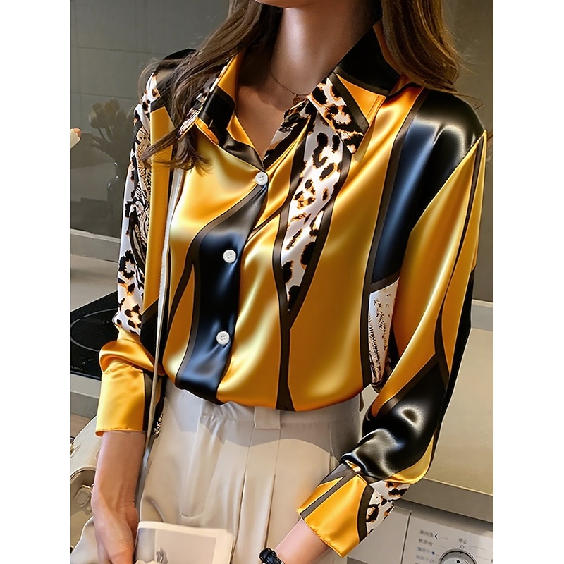 Women's Work Shirt Graphic Geometric Elegant Stylish Basic Long Sleeve Shirt Collar Regular Tops Work Party Evening Wear Daily Yellow Pink Khaki Spring, Fall, Winter, Summer