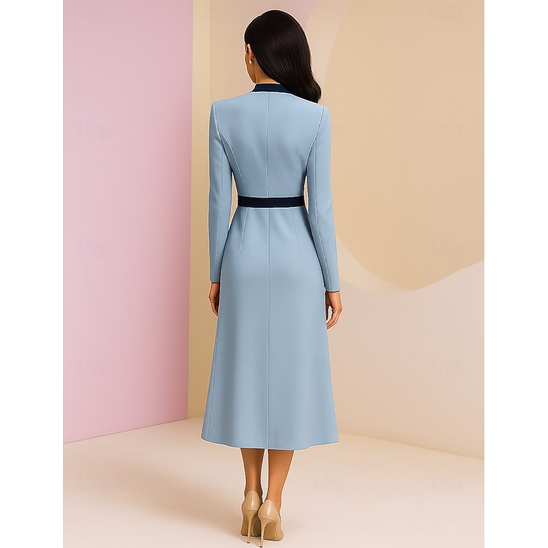 Sheath / Column Mother of the Bride Dress Elegant Vintage V Neck Tea Length  Long Sleeve with Color Block2