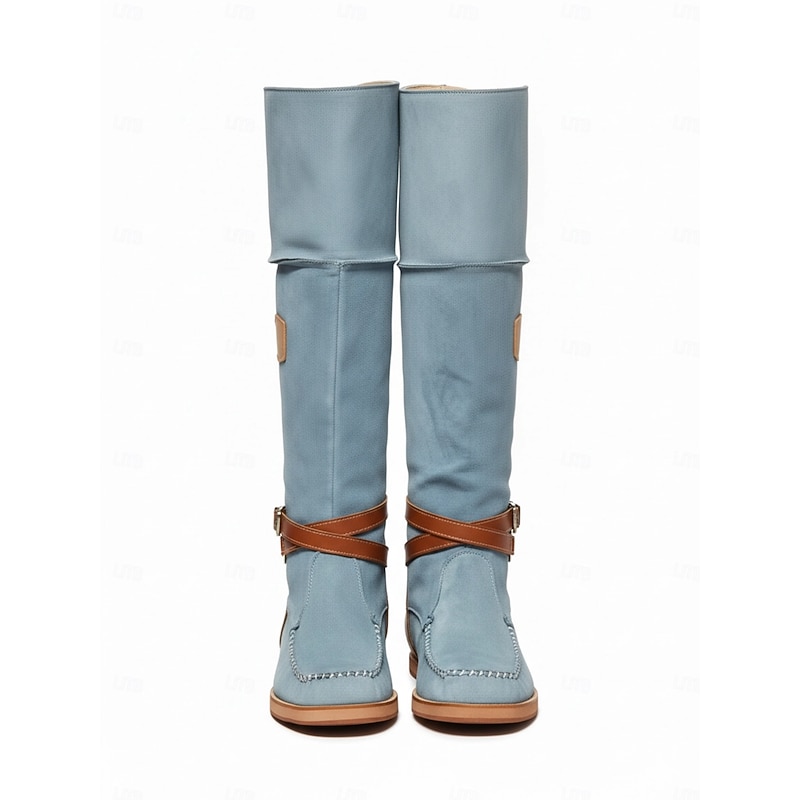 Women's Suede Knee-High Boots with Wedge Heel and Buckle Strap - Bohemian Style Casual Boots in Denim Blue3