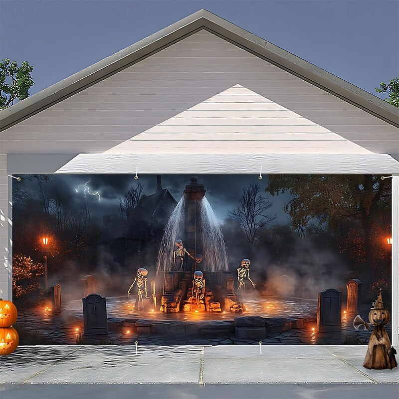 Halloween Tapestry Garage Door Cover Large Hanging Backdrop Skeleton Fountain Dark Punk Gothic Style Party Outdoor Shooting Backgrounds Yard Haunted House Home Decor2