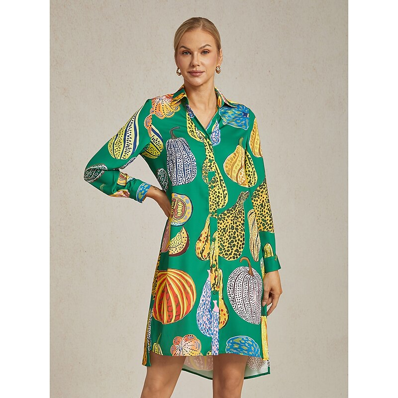 Women's Green Pumpkin Print Shirt Dress V Neck Loose Fit Asymmetrical Hem Split Design Bold Stylish Fashion Forward Daily Work Party Fall