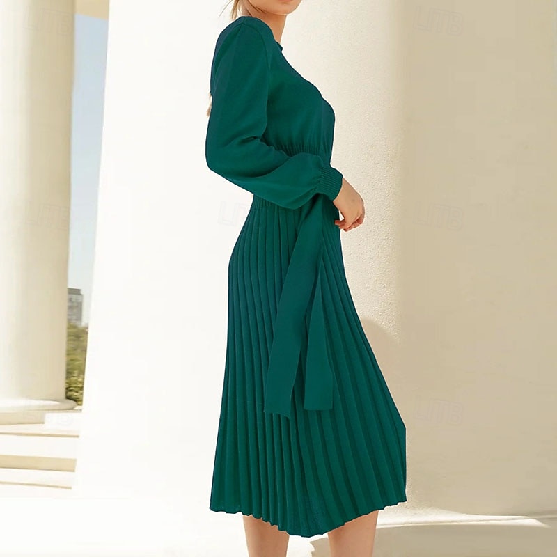 Women's Long Dress Maxi Dress Sweater Dress Fashion Modern Lantern Sleeve Vacation Daily Going out Regular Fit Plain Long Sleeve Crew Neck Black Green Khaki Grey Fall Winter2