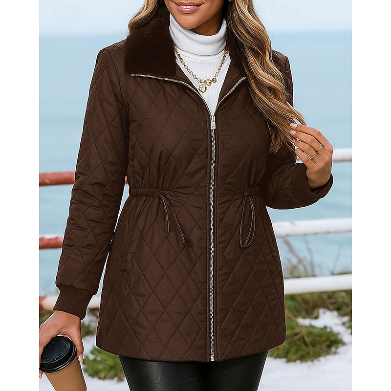 Women's Long Winter Coat Fleece Zip Up Jacket Drawstring with Pockets Long Sleeve Top Athleisure Solid Colored Windproof Warm Hiking Travel Vacation Sportswear Activewear Black Blue Coffee4