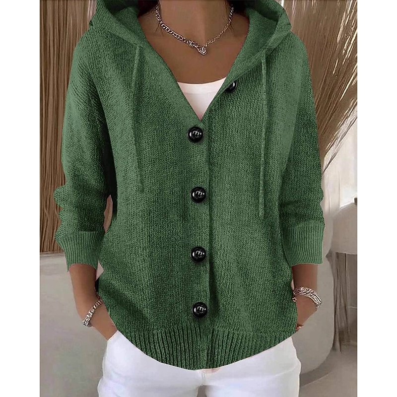 Women's Sweater Cardigan Fashion Streetwear Casual Pure Color Ribbed Hooded Pocket Buttons Knitted Long Sleeve Regular Tops Knit Outdoor Daily Weekend Army Green Light Brown Fall Winter