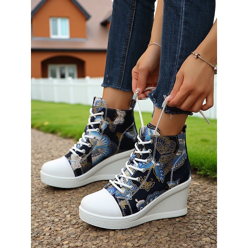 Women's Blue Denim Wedge Sneakers with Butterfly Print – Casual Lace-Up Hidden Heel Boots for Travel, Streetwear and Everyday Outfits