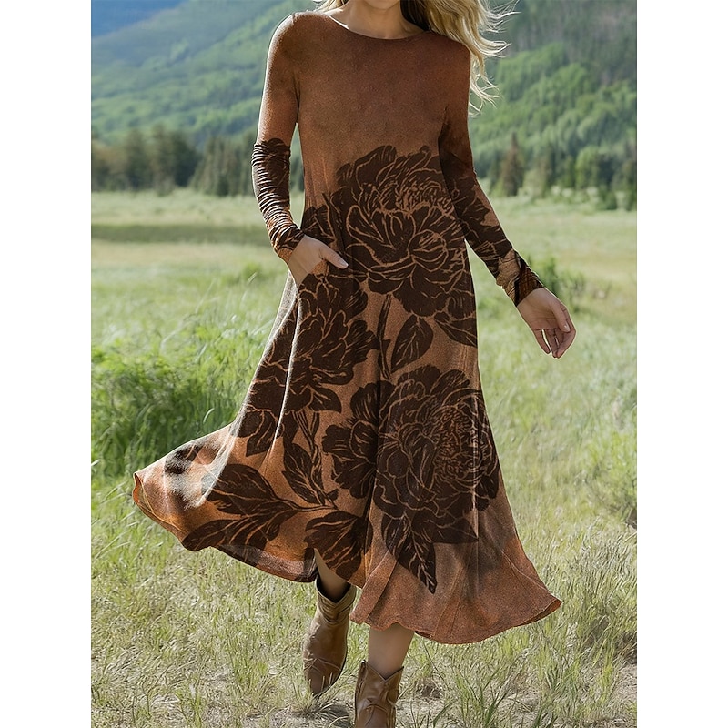 Women's Midi Dress A Line Dress Fit And Flare Dress Vacation Casual Daily Regular Fit Floral Graphic Long Sleeve Crew Neck Yellow Blue Brown Apricot Spring Fall Winter2