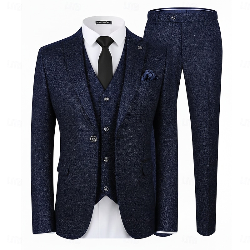 Men's Wedding Business Tweed Suits Shawl Lapel Black Burgundy Daily Formal Solid Colored Slim Fit 3 Piece Single Breasted One-button3