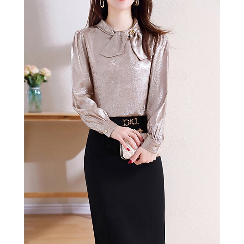 Women's Shirt Elegant Dressy Satin Plain Elegant Stylish Long Sleeve Crew Neck Regular Tops Holiday Going out Bow Champagne Spring Fall4