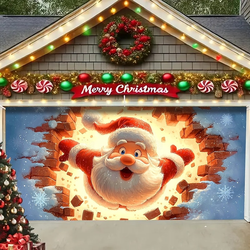 Christmas Outdoor Garage Door Cover Santa Claus 3D Broken Wall Effect Large Tapestry Backdrop Holiday Party Wall Decoration For Outdoor Garage Door Home Christmas Festival Decor3