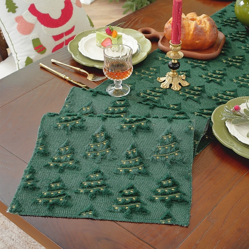 Plush Embroidered Green Christmas Table Runner, Bed Scarf, Festive Holiday Tablecloth, Decorative Cover for Dining Table