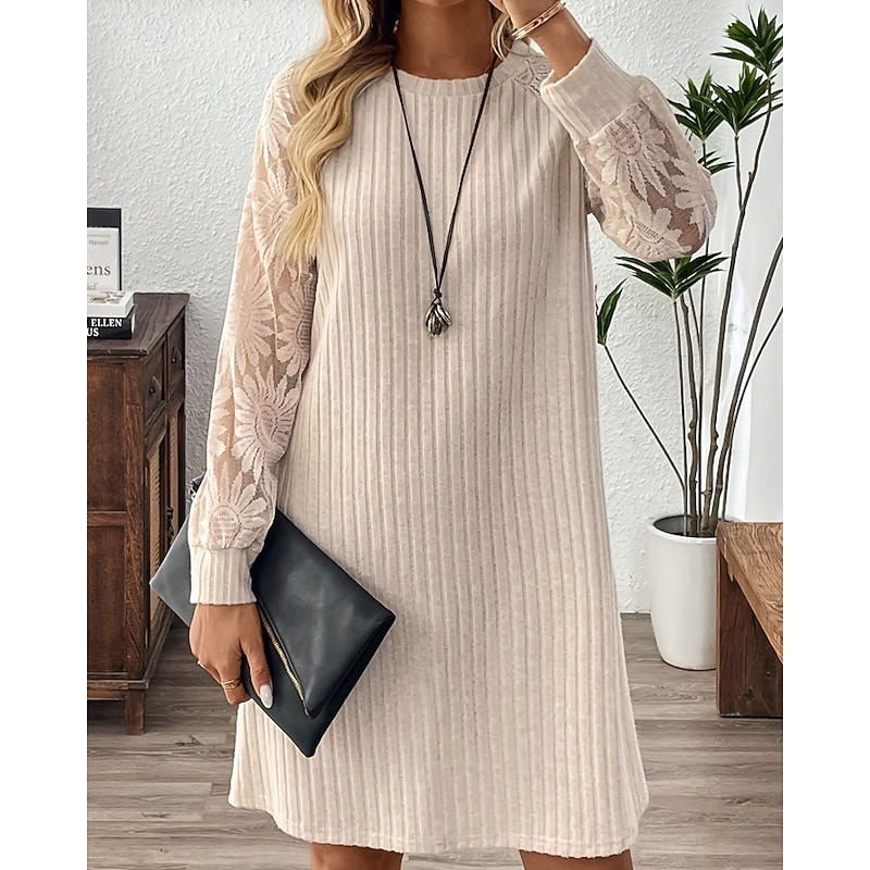 Women's Mini Dress Casual Dress Modern Outdoor Vacation Daily Regular Fit Plain Long Sleeve Crew Neck Apricot Spring Fall4