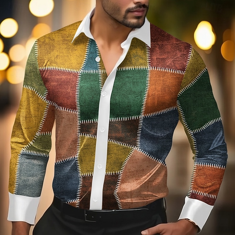 Men's Geometric Color Block Patchwork Shirt Satin Shirt Dress Shirt Long Sleeve Vintage Retro Vacation Dailywear Summer Spring Fall Turndown 3D Print Button Up Shirts Orange Green2