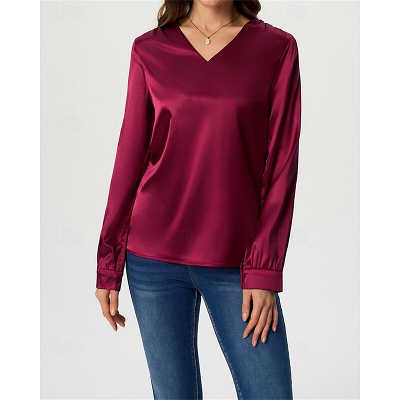 Women's Shirt Elegant Dressy Satin Solid Color Stylish Casual Long Sleeve V Neck Regular Tops Daily Going out Black White Wine Royal Blue Green Spring Fall3