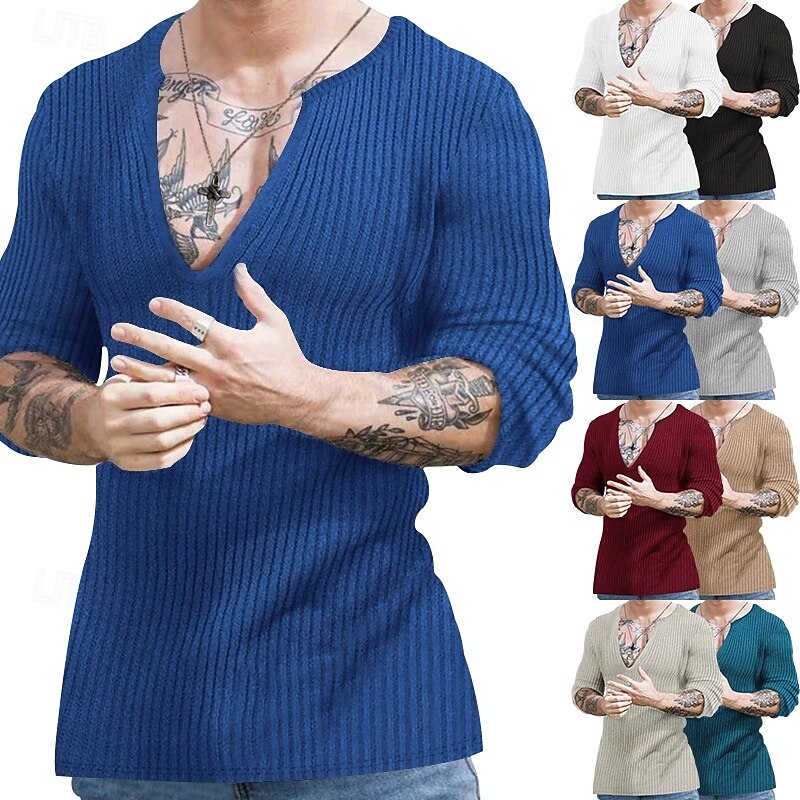 Men's Sweater Pullover Sweater Jumper Ribbed Knit Regular Tops Knitted Slim Fit Plain V Neck Knitwear Contemporary Casual Daily Wear Clothing Apparel Spring Fall Black White S M L