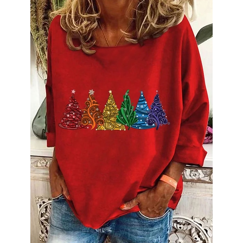 Christmas Women's T Shirt Graphic Christmas Tree Bohemia Vintage Fashion Long Sleeve Crew Neck Regular Tops Daily Weekend Print Black Pink Red Blue Green Spring Fall2