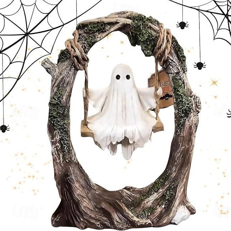 Halloween Cute Cute Ghost Decoration Tree Swing Resin Figurine Spooky Tabletop Desk Ornament, Haunted House Party Decoration, Creepy Mini Statue for Home & Office Decor