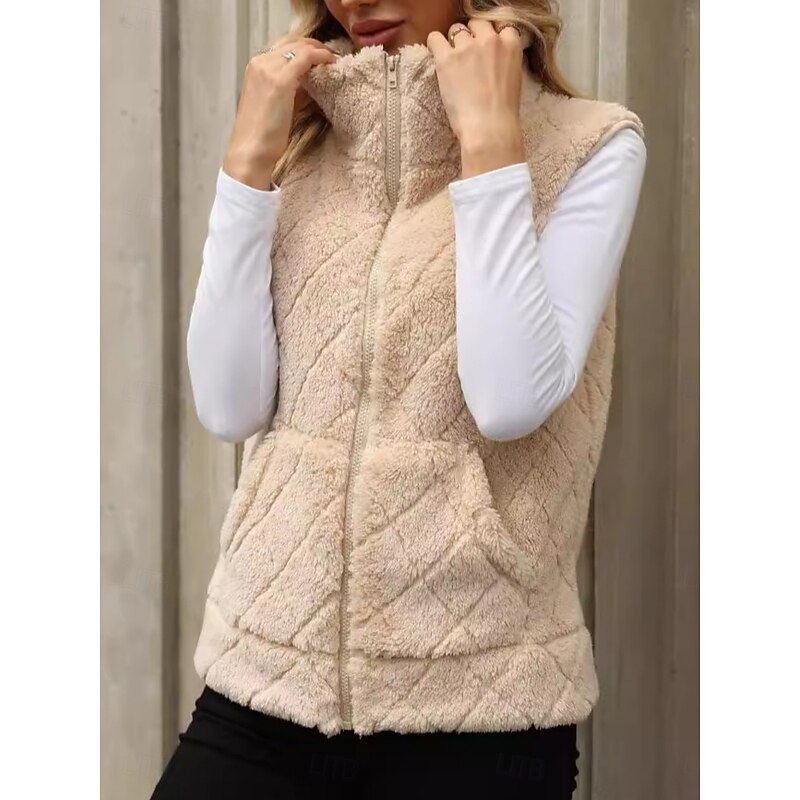 Women's Fleece Vest Sherpa Jacket Comfortable Breathable Zipper Pocket Casual Plain Vacation Street Casual Daily Wear Zipper Regular Turndown Regular Fit Sleeveless Outerwear Black Red Fuchsia Spring3