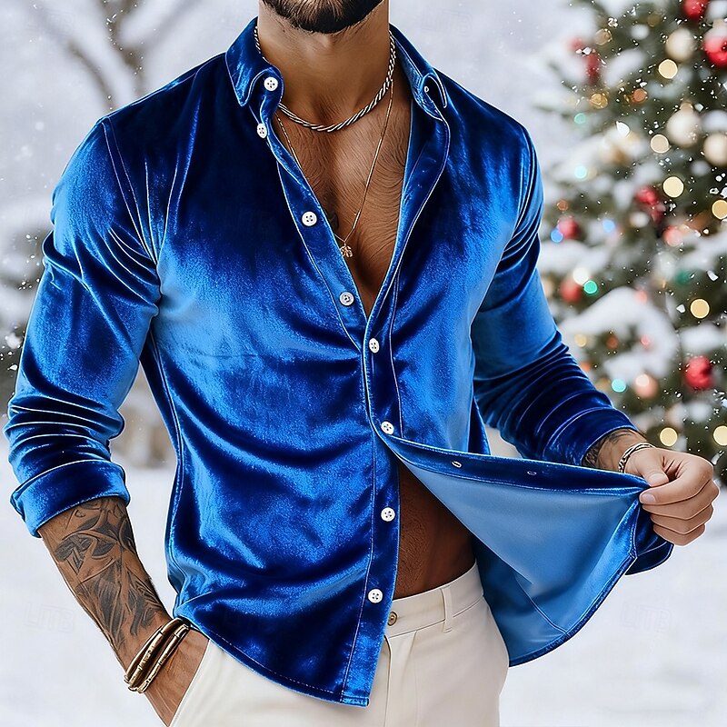 Men's Shirt Yellow Wine Royal Blue Green Long Sleeve Solid Color Plain Shirt Collar Carnival Christmas Buttons Clothing Apparel Christmas Elegant Warm Active3