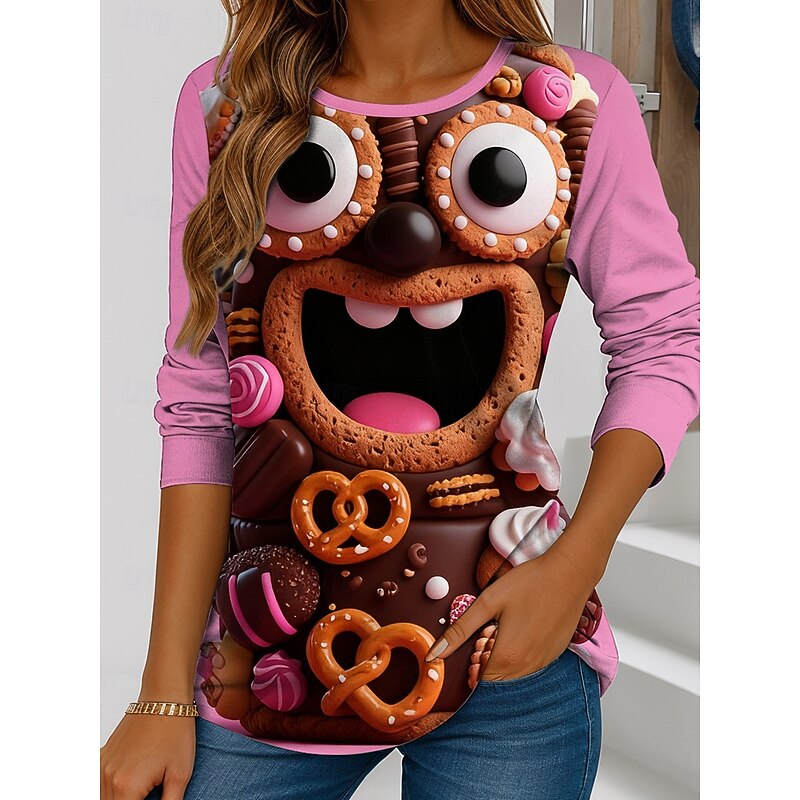 Christmas Women's T Shirt Graphic Geometric Vintage Stylish Casual Long Sleeve Crew Neck Regular Tops Weekend Print Pink Brown Green Winter2