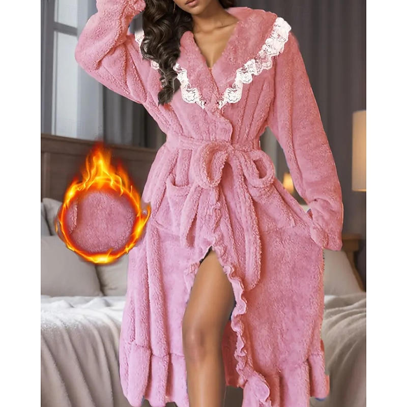 Women's Pajamas Nightgown Fashion Pure Color Lace Vacation Home Bed Long Sleeve Lapel Pink Purple Khaki Fall Winter Tailored Fit