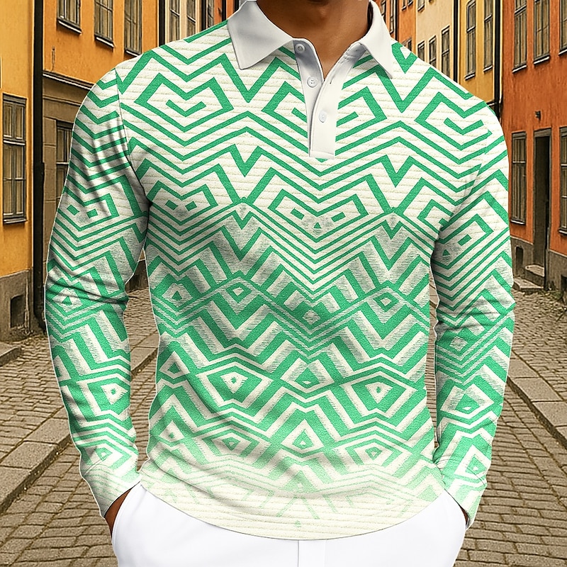 Men's Geometic Polo Long Sleeve Polo Shirts Lapel Casual Street Athleisure Daily Wear 3D Print Buttons Spring Fall Winter Blue Orange Green2