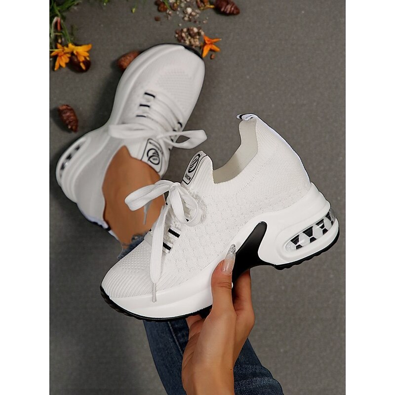 Women's White Flyknit Platform Sneakers with Lace-Up Design – Breathable Athletic Shoes for Running and Walking