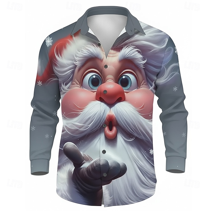Christmas Men's Santa Claus 3D Cartoon Smile Face Shirt Button Up Shirt Long Sleeve Funny Outdoor Holiday Spring Fall Turndown 3D Print Collared Shirts Red Blue Brown Green Gray
