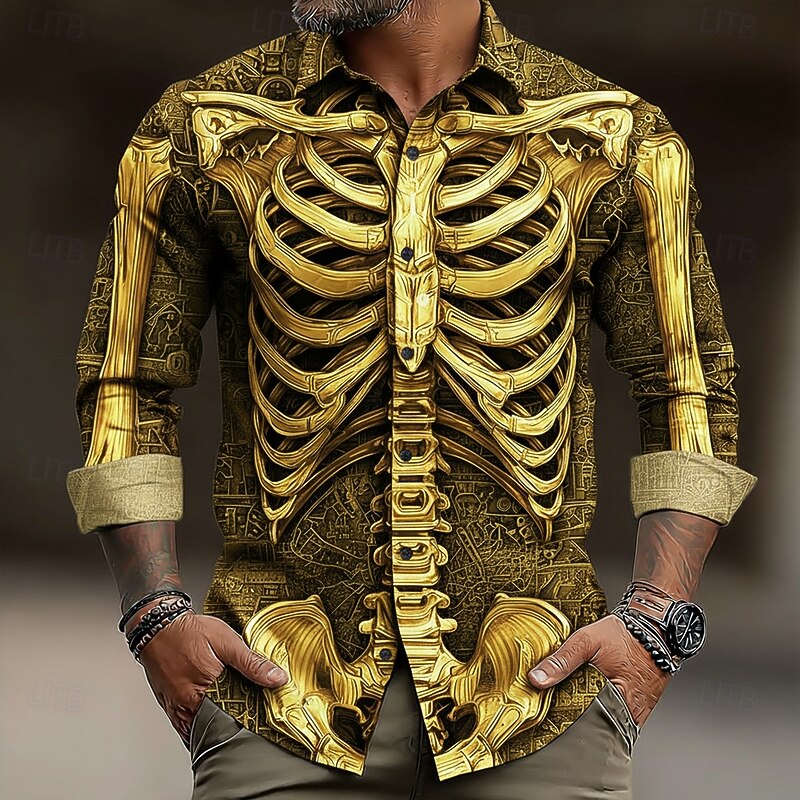 Halloween Men's Optical Illusion Skeleton Shirt Button Up Shirt Long Sleeve Dark Punk Gothic Style Outdoor Holiday Summer Spring Turndown 3D Print Collared Shirts Gold Brown Green Gray3