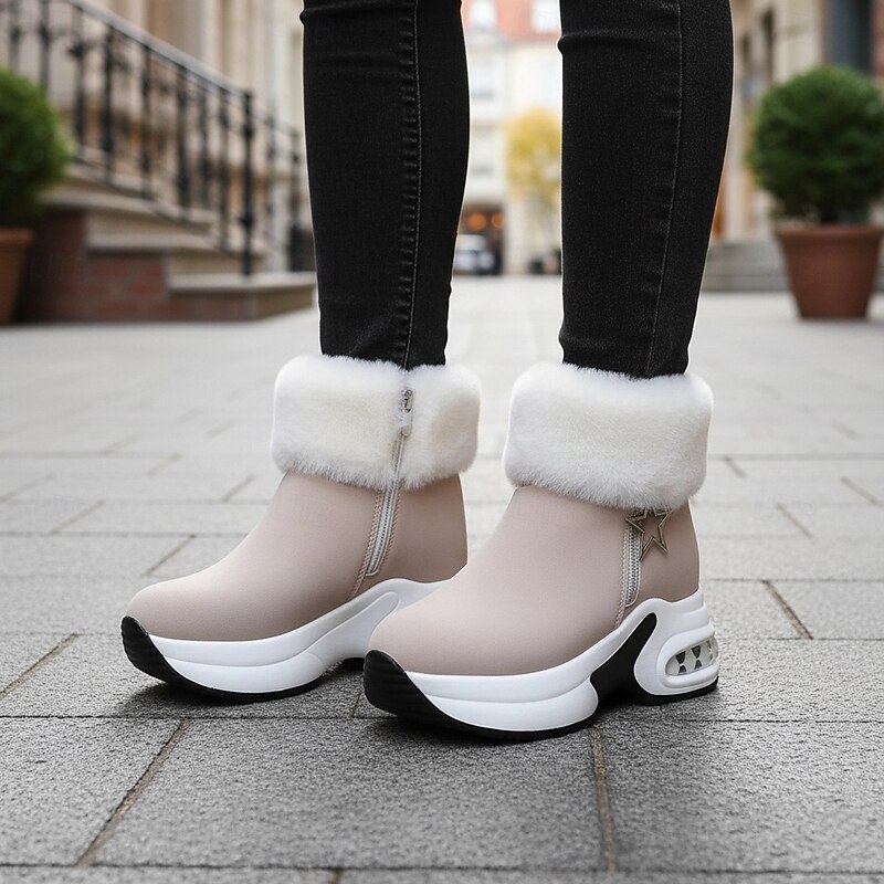 Women's Beige Faux Fur Lined Platform Ankle Boots with Wedge Heels - Warm and Stylish Winter Footwear 6