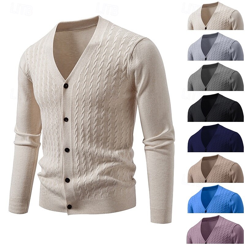 Men's Sweater Cardigan Sweater Ribbed Cable Knit Regular Tops Knitted Plain V Neck Vacation Fashion Casual Daily Wear Clothing Apparel Spring &  Fall Black Navy Blue L XL 2XL