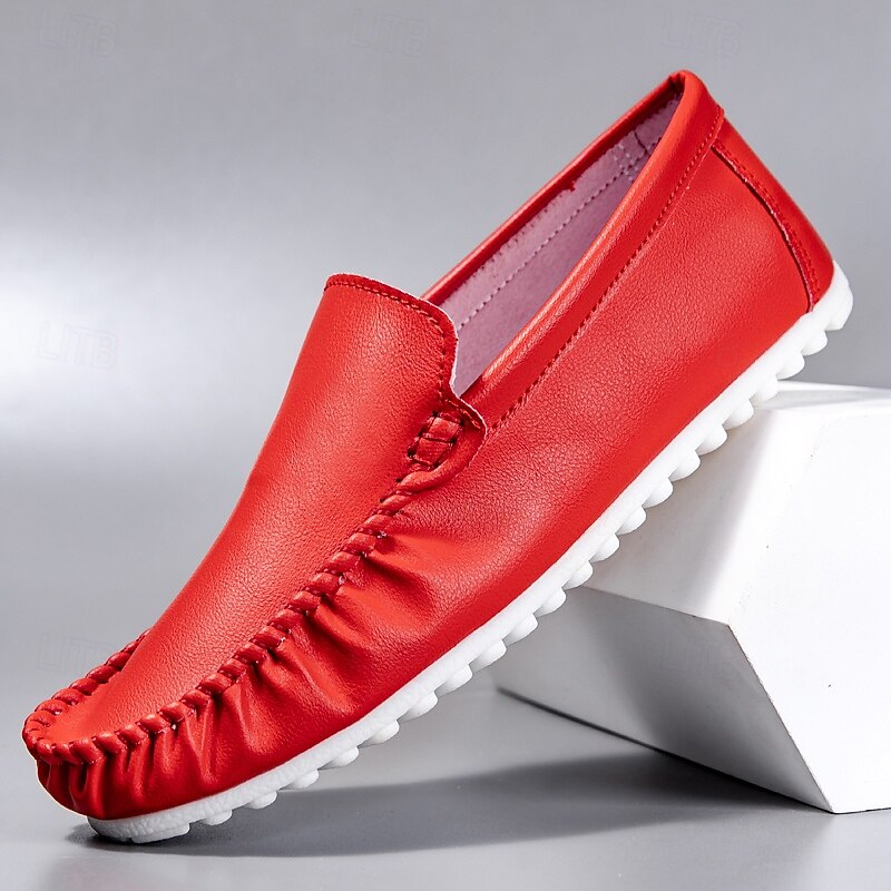 Men's Red Faux Leather Slip-On Loafers – Lightweight Casual Driving Shoes for Daily Wear and Travel